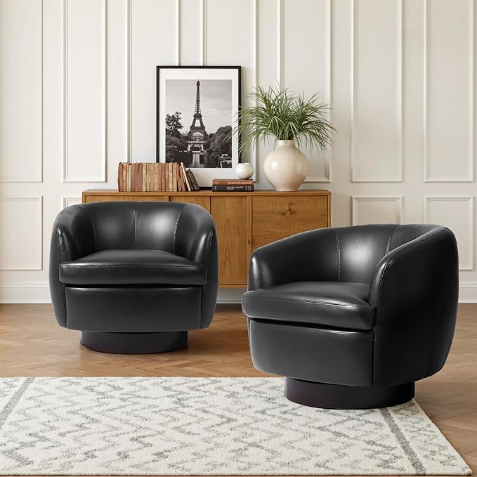 Swivel Barrel Accent Chair Comfy Modern Upholstered Round Faux Leather Reading Arm Chair for Living Room Bedroom (Black Set of 2)