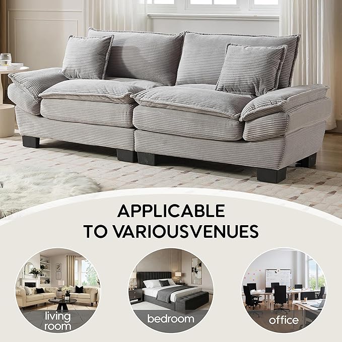 Modern 84 Corduroy Loveseat Sofa Ultra-Comfy Couch with 2 Pillows for Apartment Living Room Bedroom Home Office (Light Gray)