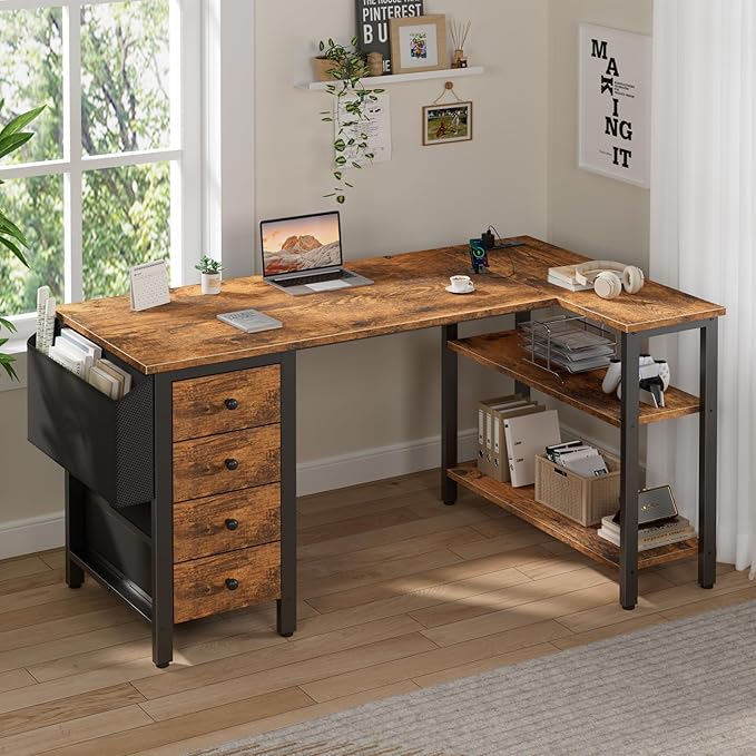 DLisiting L Shaped Computer Desk with Drawers - 47 Inch Corner Office Reversible Desk with Storage Shelves Power Outlet Home Office Desks L-Shaped with Fabric Drawer for Teen Girls Rustic Brown