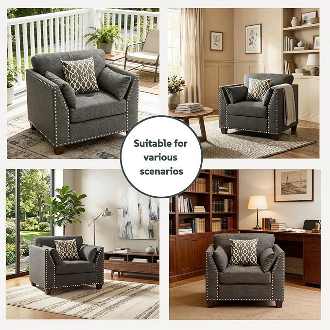Dreamzie Modern Linen Accent Chair Upholstered Armchair with Nailhead Trim &amp 3 Throw Pillows Single Sofa Reading Chair for Living Room &amp Bedroom Solid Wood Legs (Light Gray)