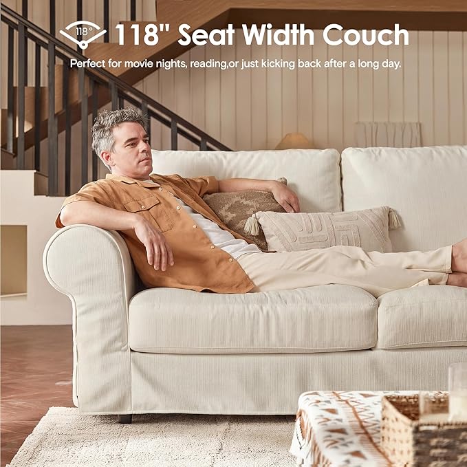 3 Seater Cloud Couch with Ottoman for Living RoomOversized 118 Farmhouse Comfy Slipcoverd Sofa with Rolled ArmsWashable Couches with Deep &amp Wide seatEasy AssmablyWhite