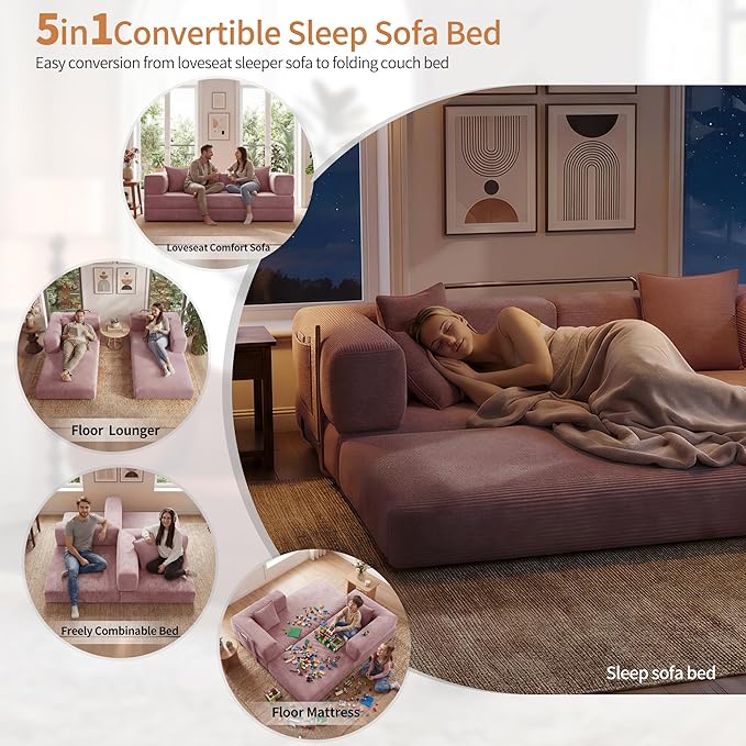 78.8 Convertible Sofa Bed with Armrest Pillow 4-in-1 Sleeper Couch Bed for Livingroom Modular Corduroy Boneless couches No Assembly (Pink)