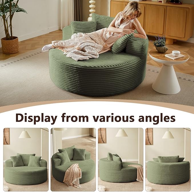 55'' Oversized Round Chair Lounge Chaise Indoor Cloud Boneless Large Circle Chair with Plush Corduroy No Assembly Required Fluffy Modern Sleeper Sofa Bed for Reading Living Room Bedroom(Green)