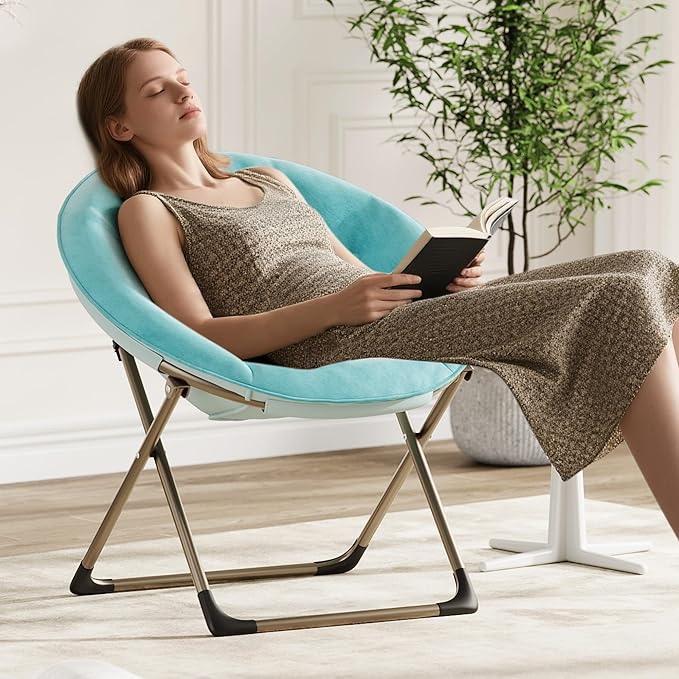 Comfy Oversized Saucer Chair Soft Furry Padded Accent Lazy Sofa Chair for Adults X-Large Metal Frame Folding Lounger for Bedroom Living Room Home Office Blue+Gold