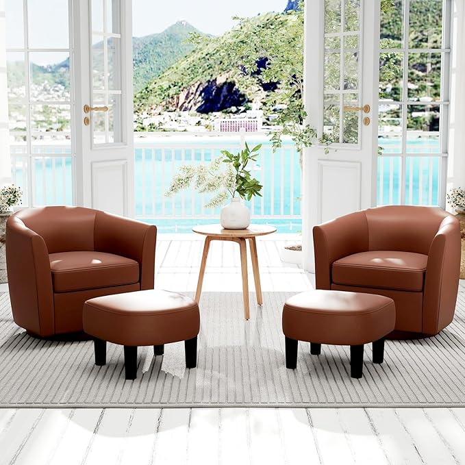 Swivel Chair with Ottoman Modern Barrel Accent Chairs with Removable Seat Cushion Comfy Single Sofa Lounge Armchair Upholstered Round Club Reading Chair for Living Room Bedroom Office