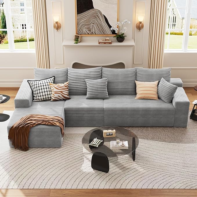 135.4 Cloud Sectional Couch with L-Shape Chaise Modern Modular 4-Seater Sofa with Deep Seat Corduroy Upholstered Couches for Living Room Bedroom No Assembly Required(Grey Left Facing)