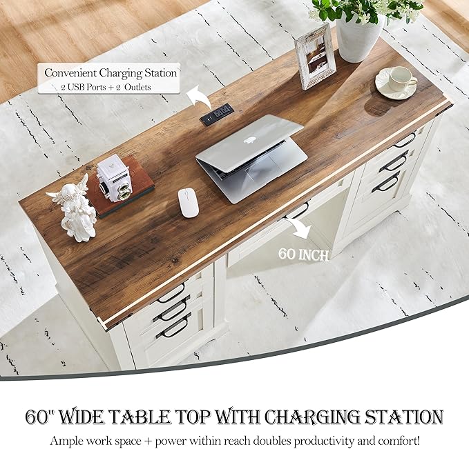 RedLemon 60 Farmhouse Executive Desk Home Office Desk with Drawers Charging Station Keyboard Tray File Drawer Storage Cabinet Wood Rustic Computer Writing Desk (Antique White)