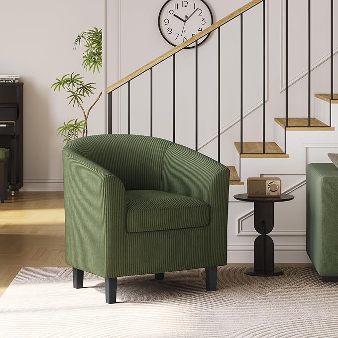 Topeakmart Corduroy Club Chair Modern Accent Chair and Cozy Barrel Chair with Sturdy Wood Legs for Living Room Bedroom Reception Room Dark Green