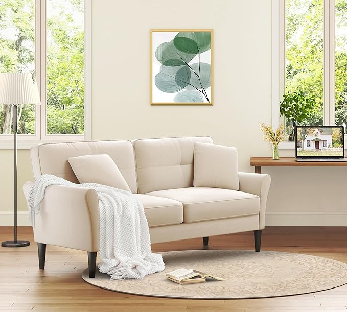 Loveseat Sofa 69 Love Seat Couches Comfy Velvet Small Sofa Couch for Bedroom with 2 Pillows Tool-Free Setup Sofas &amp Couches 700lb Load Sofas for Living Room Mini Couch for Bedroom White Cou
