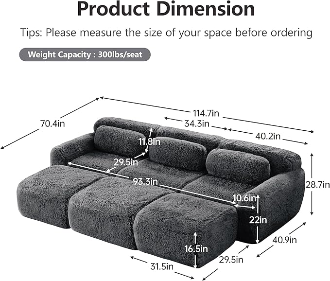 114.7”Boneless Cloud Couches Soft Fluffy Plush Fabric Modular Sectional Sofa Bed with 3 Ottoman 3-Seater Dark Gray Couches Comfy Sofa for Living Room