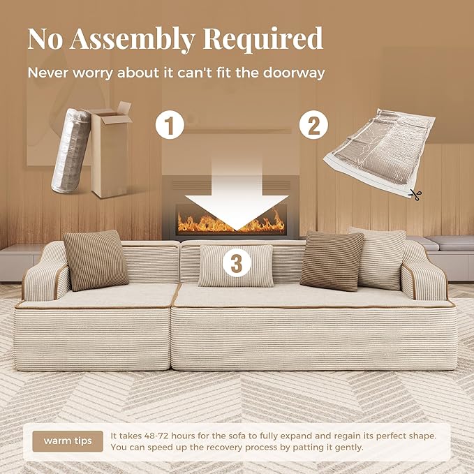 104 Cloud Boneless Sectional Couch Upholstered Corduroy Couch with Deep Seat No Assembly Required Compressed Sofa for Living Room Apartment Beige