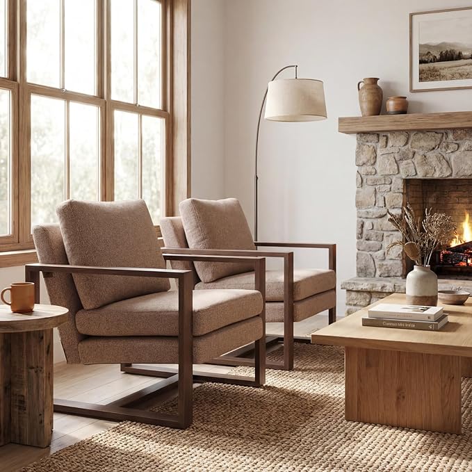 Modern Linen Accent Chair Set of 2 for Living Room Bedroom Mid Century Armchairs with Metal Frame Upholstered Office Accent Chairs Comfy Waiting Room Chairs with Metal Frame Espresso Brown