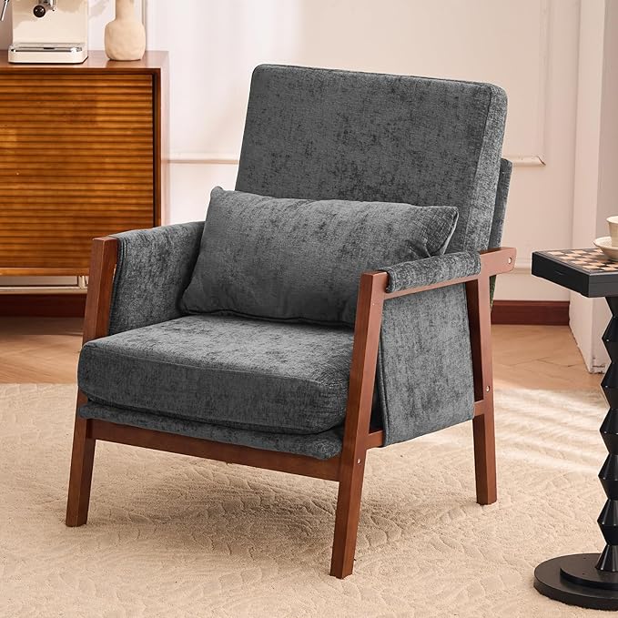 Accent Chair Mid-Century Modern Chair with Lumbar Support Pillow Upholstered Living Room Chairs with Wooden Chenille Armchair with Cushion Comfy Side Chair for Bedroom Balcony Dark Grey
