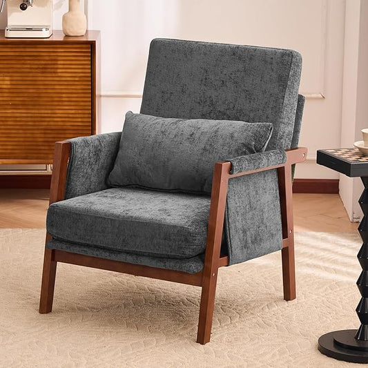 Accent Chair Mid-Century Modern Chair with Lumbar Support Pillow Upholstered Living Room Chairs with Wooden Chenille Armchair with Cushion Comfy Side Chair for Bedroom Balcony Dark Grey