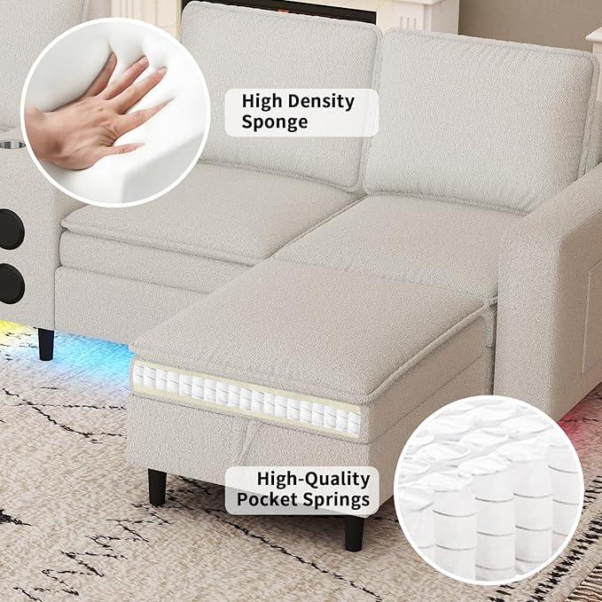 Sectional Couches for Living Room 6 Seat Sectional Sofa with Bluetooth Speaker/RGB Light/Charging Station Teddy Fleece U Shaped Couch with Storage Ottoman and Reversible Chaise Lounge - White