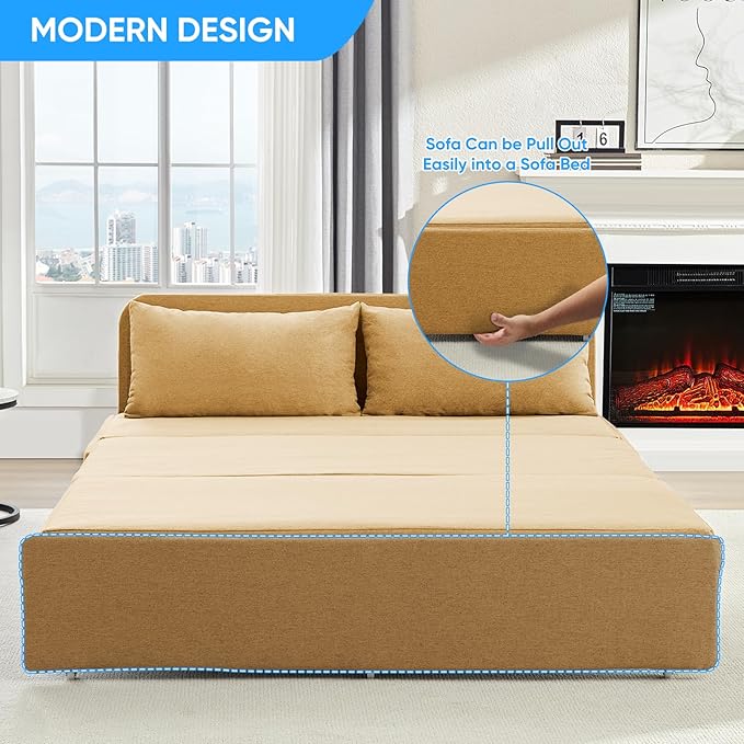 PUREMIND Queen Size Pull Out Sleeper Sofa Bed Linen Convertible Sofa Bed with Foldable Mattress Loveseat Couch Pull Out Bed with 2 Cushions for Small Place Apartment Office Yellow
