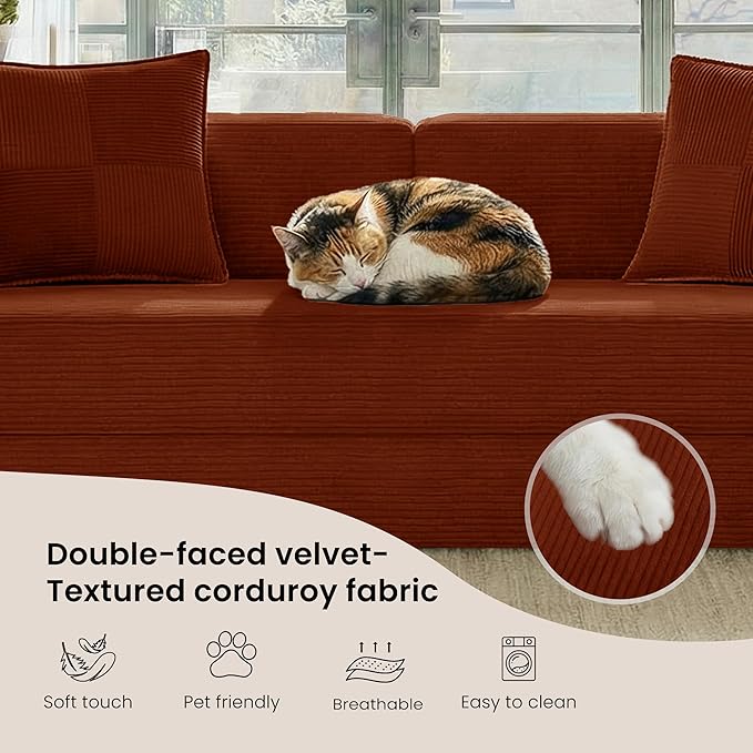 Belhome 78.8 Convertible Sofa Bed Futon Sofa Bed with Side Pocket Corduroy Pull Out Futon Sofa Boneless Couch for Living RoomsNo Assembly Required Orange
