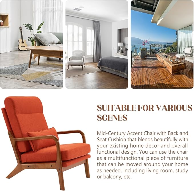 Hommoo Arm Chair Modern Accent Chair Comfy Linen Fabric Reading Chair High Back Leisure Chair with Wood Frame Accent Chair for Living Room Bedroom Balcony Orange
