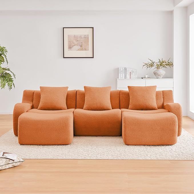 Boneless Cloud Couch Modular Sectional Sofa U Shaped Couch 3 Seater Comfy Teddy Sofa Deep Seat Sectional Couches for Living Room Oversized Floor Couches with Ottoman No Assembly Orange