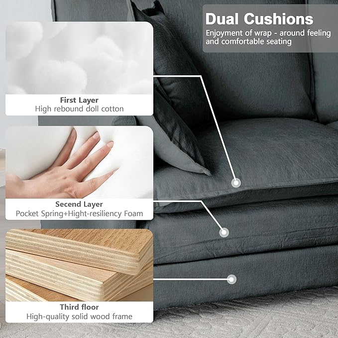 Modular Sectional Sofa 111.5 Inch L-Shaped Cloud Sofa with Deep Seat Chenille Sofa with Cushions Three-Self Sectional Sofa for Living Room ApartmentGray