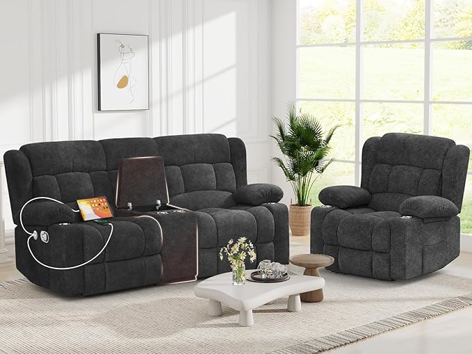Recliner Sofa Set with 2+1 Pieces Fabric Manual Pull Tab Reclining Loveseat with Storage Console Single Recliner Chair for Living Room RV Grey