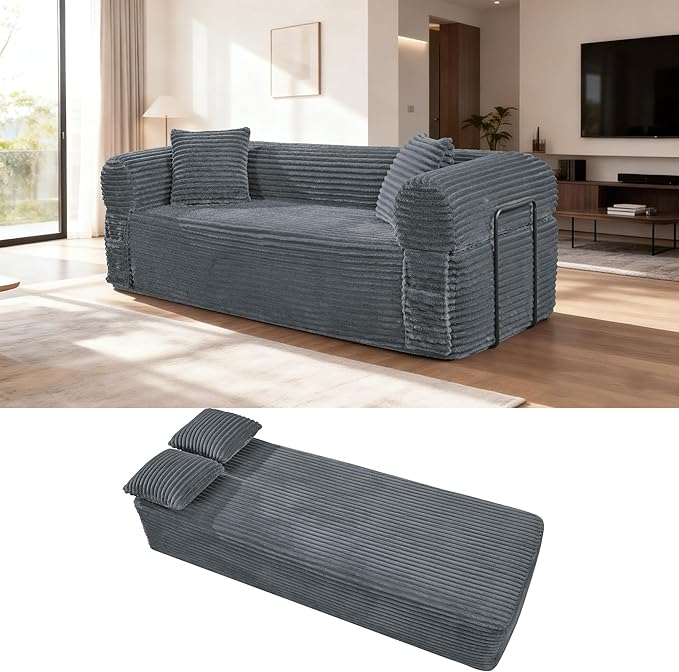 83'' Boneless Couch in A Box No Assembly Needed Sofa Bed Couch 3 Seater Corduroy Modern Cloud Sofa 29'' Deep Seat with 2 Pillows &amp Removable Backrest for Living Room Bedroom Apartment Gray | N