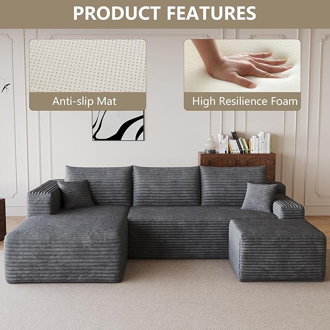 95 Cloud Sectional Couch with U-Shaped Chaise Corduroy Sectional Sofa with Ottoman Boneless Couch with Deep Seat for Living Room No Assembly Required (Dark Grey Left Facing Chaise)