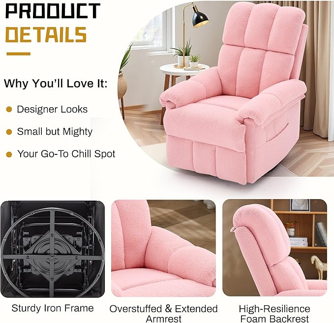 Recliner Chair Swivel Rocker Recliner Chair for Adults Small Recliners for Small Spaces Manual Recliner with Side Pockets Upholstered Nursery Rocking Chair for Living Room Sherpa Pink
