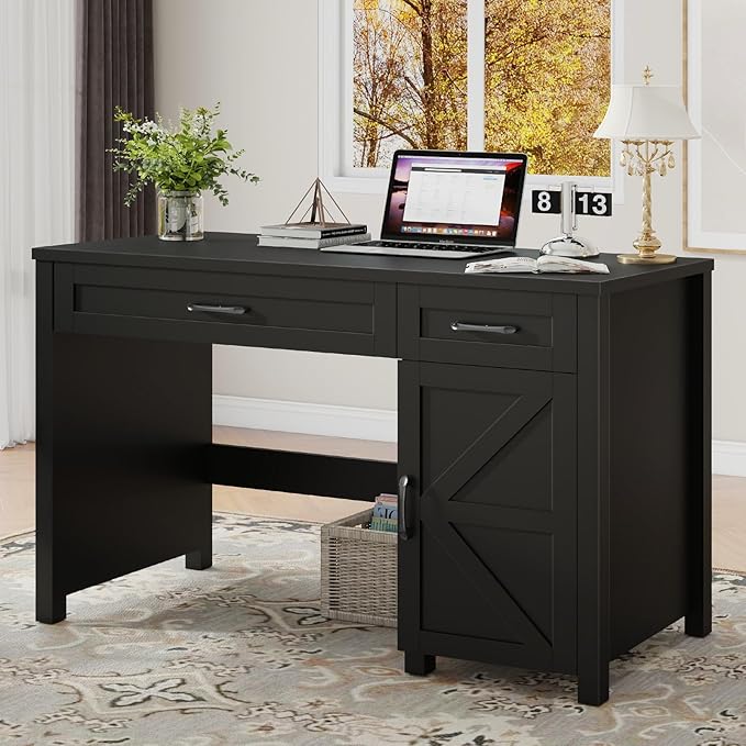 Farmhouse 47 Executive Desk Computer Desk with Drawers and Storage Cabinet Workstation Computer Desk for Home Office Study.Pure Black
