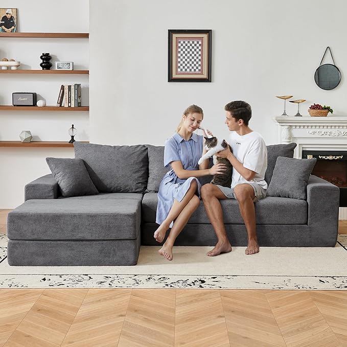 108'' Modular Sectional Couch Modern 3-Seater Boneless Cloud Sleeper Sofa L-Shaped Convertible Sectional with Non-Slip Bottom No Assembly Required Deep Seats Couch for Living Room Grey