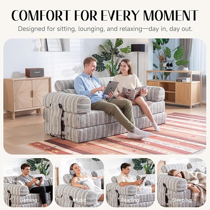 79 Corduroy Sofa Bed Sleeper Couch 6-in-1 Convertible Boneless Floor Futon Loveseat High-Density Foam Couch in a Box with 2 Headrest Pillows No Assembly Green and White