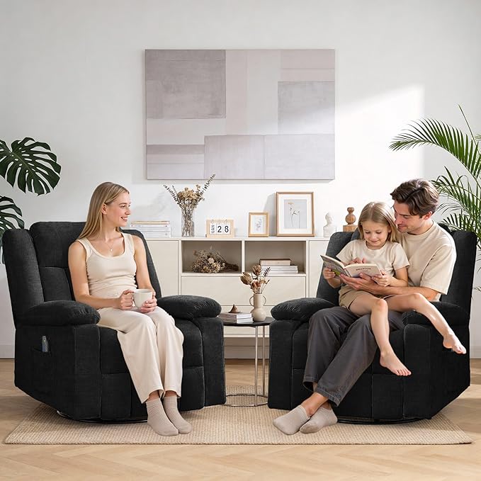 Rocker Recliner Chair for Adults 360° Swivel Rocker Recliner with Massage and Heating Nursery Rocking Chairs with Side Pockets Manual Reclining Chair for Living Room Bedroom or Nursery