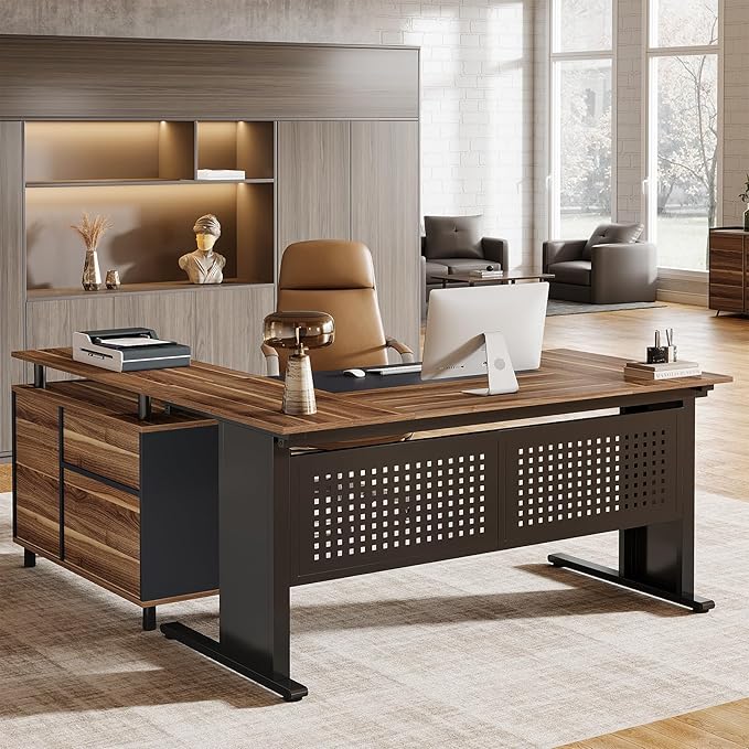 Tribesigns 63-Inch L-Shaped Executive Desk with Storage Shelves Large Office Computer Desk with Drawers and File Cabinet Industrial Business Workstation for Home Office Brown and Black
