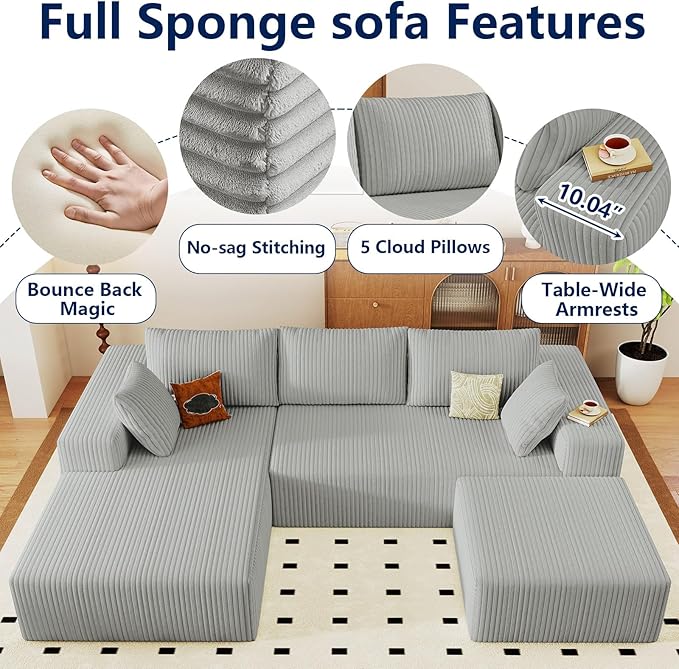 96 Modular Sectional Sofa with Ottoman Modern Corduroy Cloud Couch with Deep Seat Boneless Couch Upholstered 3-Seater U-Shaped Sofa for Living Room No Assembly (Light Grey Left-Facing Chaise)