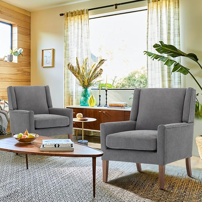 COLAMY Modern Wingback Living Room Chair Set of 2 Upholstered Fabric Accent Armchair Single Sofa Chair with Lounge Seat and Wood Legs for Bedroom/Office/Reading Spaces Gery