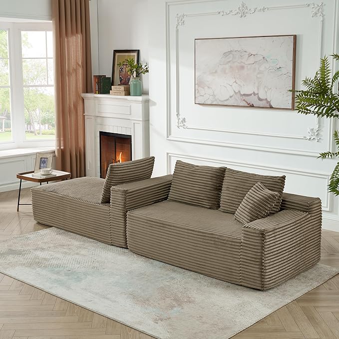L-Shaped Cloud Sectional Couch Right Facing Modular Compressed Boneless Sectional Sofa with Chaise Lounge Plush Corduroy Boneless Corner Sofa for Living Room