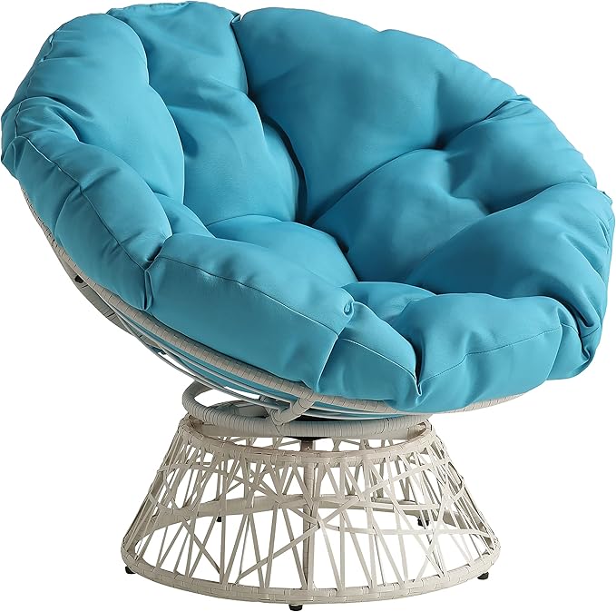 OSP Home Furnishings Wicker Papasan Chair with 360-Degree Swivel Cream Frame with Blue Cushion