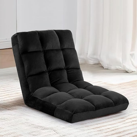 Floor Chair 24 inches Wide Oversized Velvet Armless Lay Flat Floor seat Padded Meditation Chair with 6 Adjustable Position Ergonomic Comfortable Convenient(LRSF-016-BLACK)