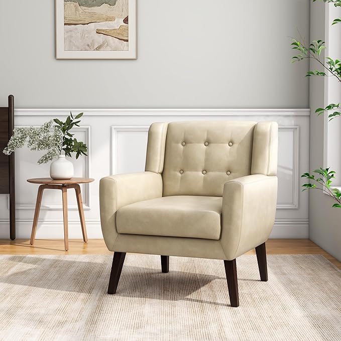 Accent Chair Mid-Century Modern PU Leather Chairs with Arms for Living Room Comfy Upholstered Club Single Sofa Armchair for Bedroom Waiting Room with Solid Wood Frame（Leather Cream Set of 2