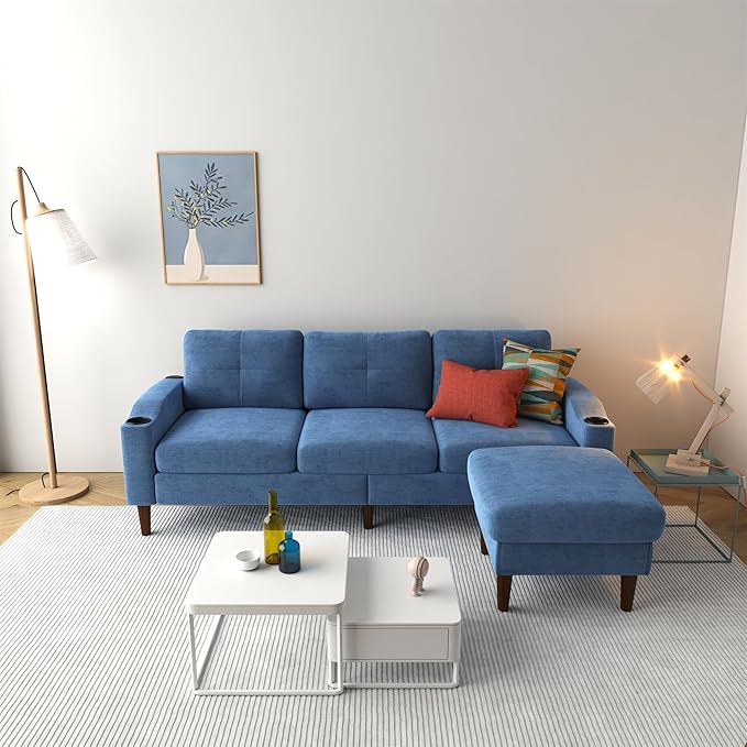 L Shaped Sectional Sofa with Storage Footstools USB Port Cup Holder Convertible Sofa for Living Room Office Bedroom Navy Blue