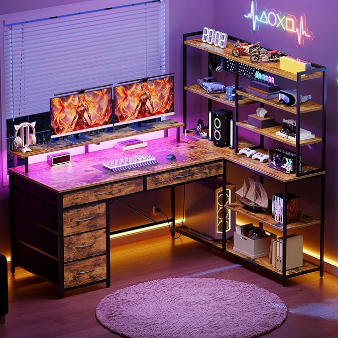L Shaped Computer Desk with Drawers 53'' Gaming Desk with Storage Shelves Corner Computer Desk with Power Outlets &amp LED Light Home Office Desk with Monitor Stand and Pegboard Rustic Brown