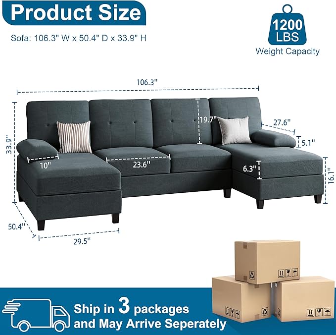 SUNLEI Sectional Couches for Living Room U Shaped Sectional Sofa Couch with 50.4 D Double Chaise and 4 Seat with Linen Fabric Modern Living Room Furniture Sets Dark Grey