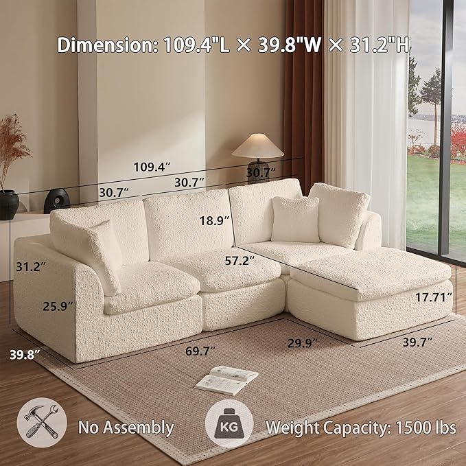 110 Cloud Sectional Couches for Living Room Modern Modular L-Shape Sofa Couch with Chaise 3 Seater Modular Sectional SofaNo Assembly Required (Beige)
