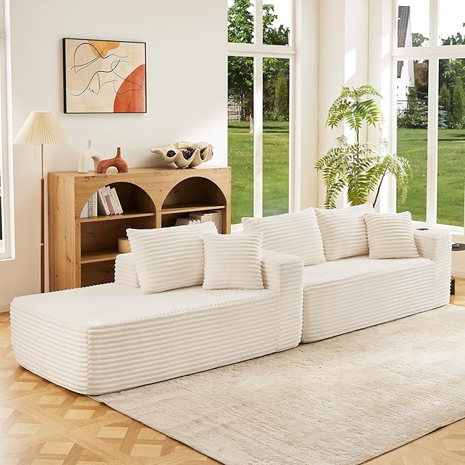 Modular Compressed Sectional Sofa Set – Velvet Corduroy Upholstery Convertible Couch with Cup Holders and Pillows for Living Room Beige