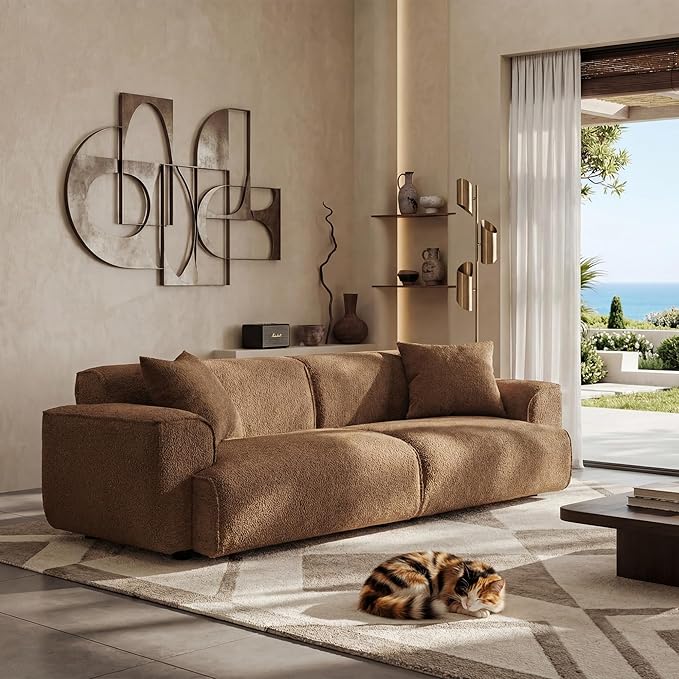Modern 91'' Wide Cloud Couch Sofa Love Seat Couches W/Solid Frame Friendly Couch W/Boucle Couch Cozy Fabric with 2 Pillow &amp Rectangular Arm for Apartment Rust