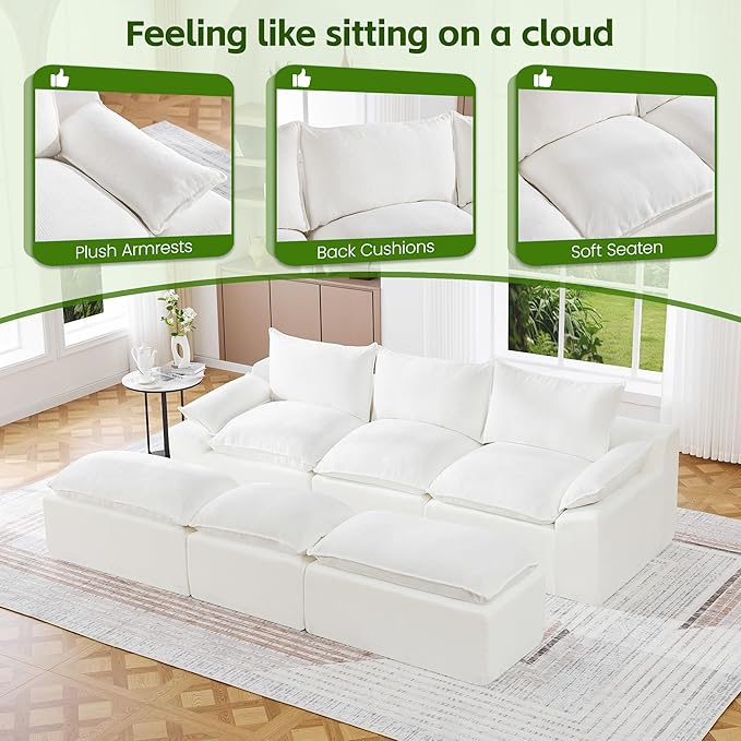 109 3 Seat Boneless Couch with Movable Ottoman Boneless Modular Sectional Sofa Deep Seat Modern Sleeper Sofa Bed for Living Room Cloud Modular Sectional Couch 3 Seat Chenille Chaise Lounge White