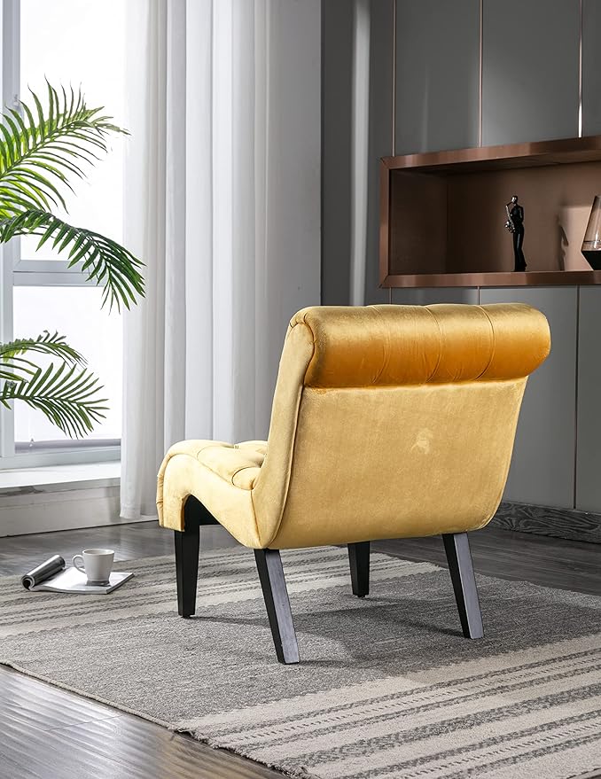 Modern Armless Living Room Chair/Leisure ChairUpholstered Fabric Button Comfortable Chair with Wooden Legs for Bedroom Living Room Office (Mustard)