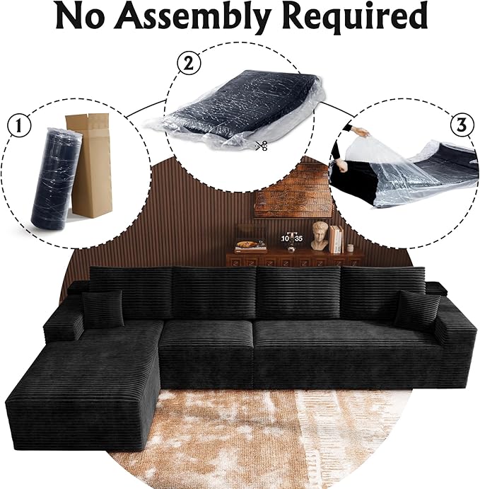 3-Piece Boneless Modular Sectional Sofa Cloud Couch with Left Facing Chaise Oversized Deep Seat Soft Corduroy Fabric Sectional Couch for Living Room-blackb