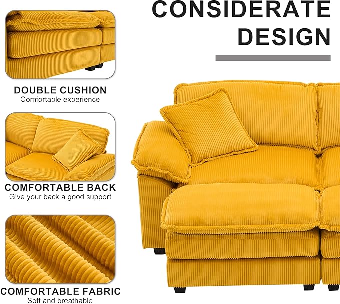 Modular Sectional Sofa 84'' Comfy Corduroy Double Layer Upholstered Cloud Couch Loveseat Sleeper Sofa with Moveable Ottoman 2 Pillows and Detachable Armrest for Living Room Yellow