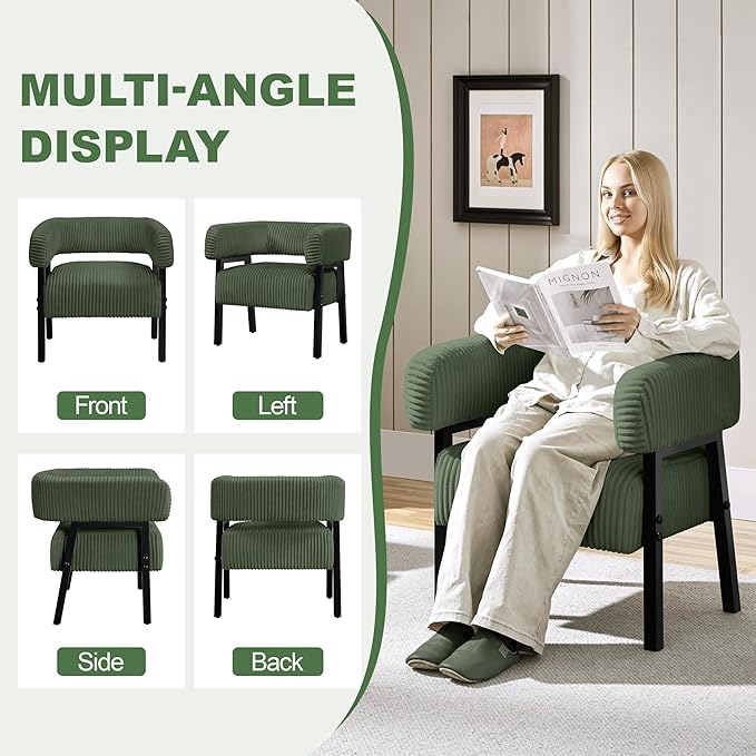 Yaheetech Corduroy Barrel Accent Chair Set of 2 Modern Upholstered Armchair with Solid Wood Legs Cozy Leisure Chair with Pocket Coiled Seat for Living Room Bedroom Reading Nook Dark Green